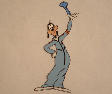 Cel of Goofy in garage uniform, tipping his hat