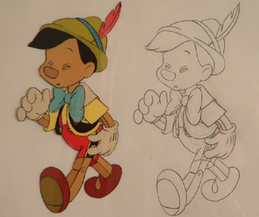 Production cel and drawing of Pinocchio walking, full-figure, eyes closed