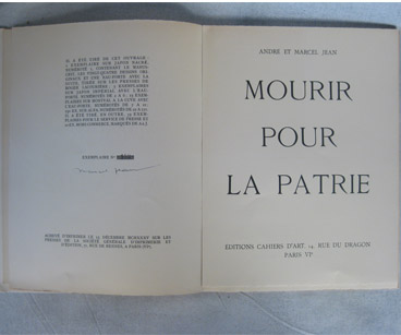 Title page of Mourir Pour la Patrie with Marcel Jean's signature