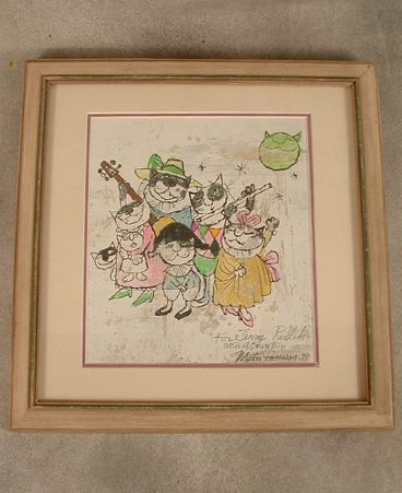 Martin Provensen ink and watercolor of cats in carnival dress