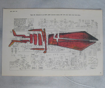 Stikman schematic with orange Stikman figure on TV/radio schematic