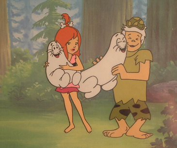 Teen Pebbles and Bamm-Bamm, each holding a Shmoo, cel