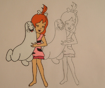 Teen Pebbles holding a Shmoo cel and drawing