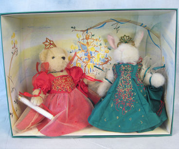 Boxed Muffy and Hoppy in holiday ball gowns