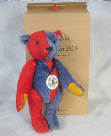 Harlequin bear with half-red, half-blue body and one blue eye
