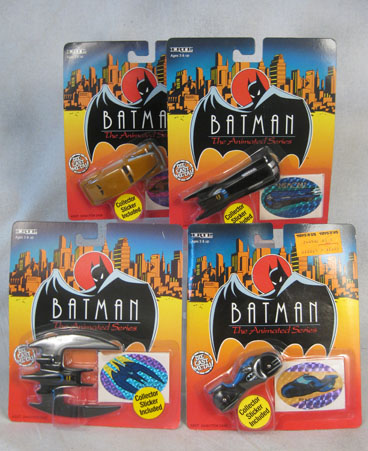 Batman the Animated Series diecast vehicles including Bruce Wayne's car, Batmobile, Batwing, and Batcycle