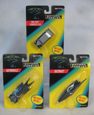 Batman Forever diecast vehicles including Batmobile, Batboat, and Two-Face's Armored Car